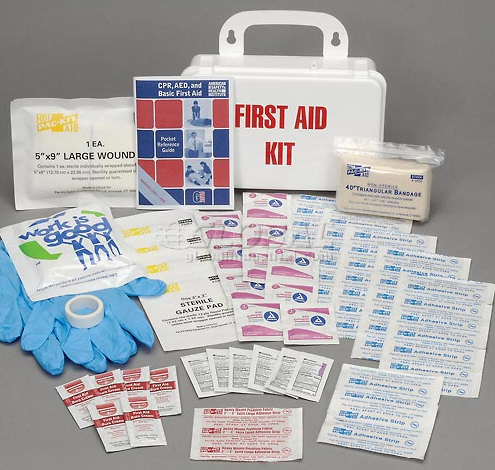 
		<table>
			<tr><td>6 Packets of burn cream<br>
			6- Packets of triple antibiotic ointment<br>
			10- Antiseptic wipes<br>
			1- 2" x 3" Woven patch<br>
			1- 1/2"W Adhesive tape roll<br>
			1-v5" x 9" Wound pad</td>
			<td>1- Triangular bandage<br>
			2- Pairs of exam gloves<br>
			4- 3" x 3" Sterile gauze pads<br>
			32- Adhesive strips<br>
			1- Instant cold pack<br>
			1- First Aid guide
			</td></tr>
		</table>